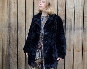 Vintage black coat 60's 70's crushed velvet - cotton rayon winter jacket faux fur coat, hippie glam rock boho vegan