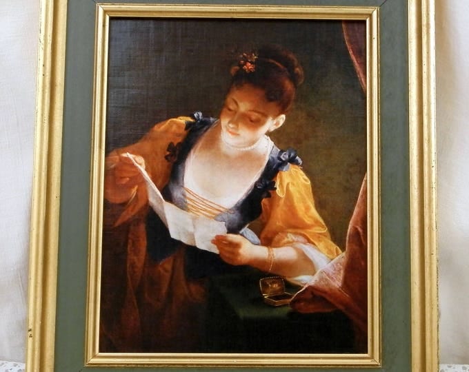 Vintage Framed Les Editions Braun from Paris Reproduction / Copy of "Young Woman Reading a Letter" by Jean Raoux Hangs in The Louvre Museum