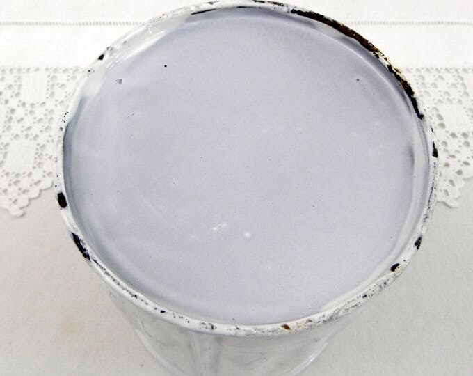 Antique French Chippy White and Blue Marbled Enamel Sugar Canister with Gothic Lettering, French Country Kitchen Enamelware Decor