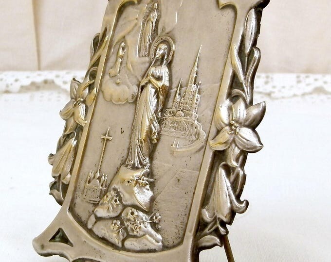 Antique Repousse Embossed Silver Plated Image of Virgin Mary with Lourdes Basilica Framed with Lillis, Our Lady Catholic Religious Picture Antique Repousse Embossed Silver Plated Image of Virgin Mary with Lourdes Basilica Framed with Lillis, Our Lady Catholic Religious Picture
