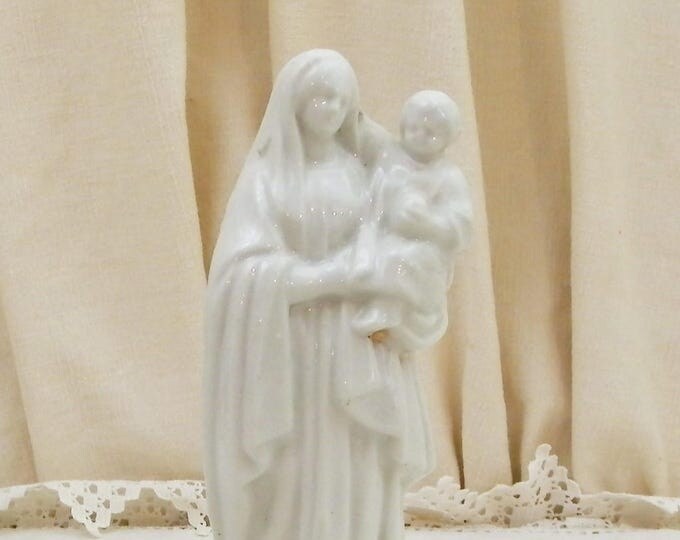 Antique French Bone China Madonna Statue White Glaze, Religious Porcelain de Paris Mother and Child Statue Made in France, Virgin Mary