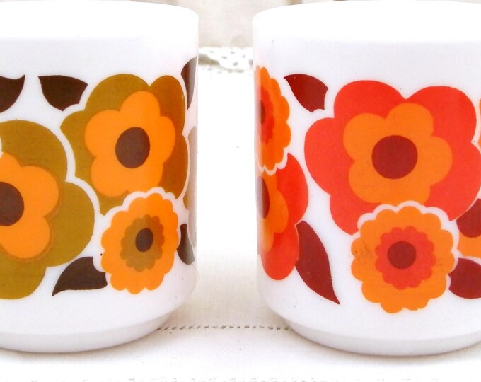 2 Vintage Arcopal Mid Century French White Milk Glass with Orange, Red and Green Retro Flower Pattern Coffee Mugs, Pair 1960s / 1970s Cups