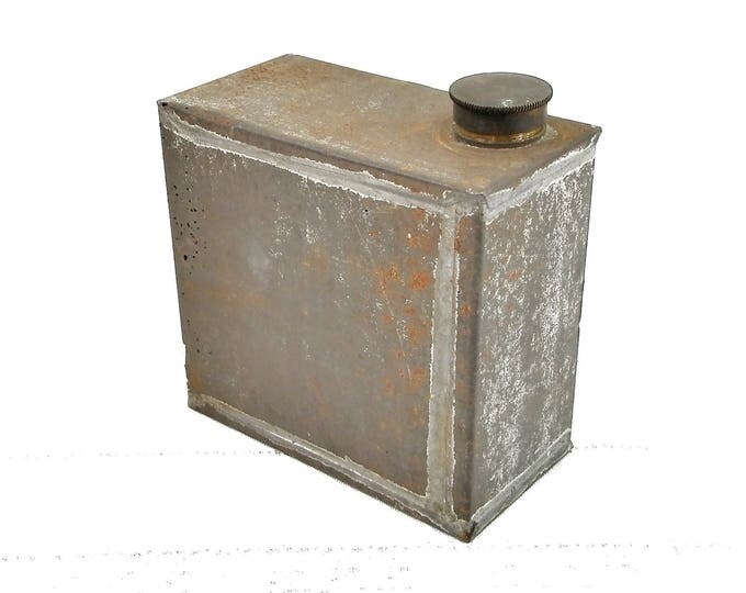 Antique Square Metal Bottle With Screw Lid, Rectangular Tin Container for Liquids, French Brocante Home Decor, Industrial Curios from France