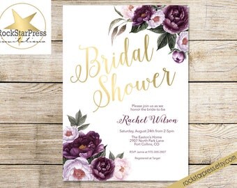 Purple Bridal Shower Invitations - Floral Shower Invite Purple, Plum, Gold Garden Brunch Shower _ 1308