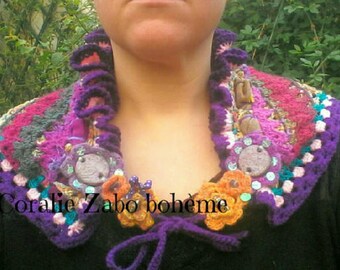 Châle originale fait-main au crochet-châle femme-châle bohème multicolore en laine, tissu et coton lin mélangé