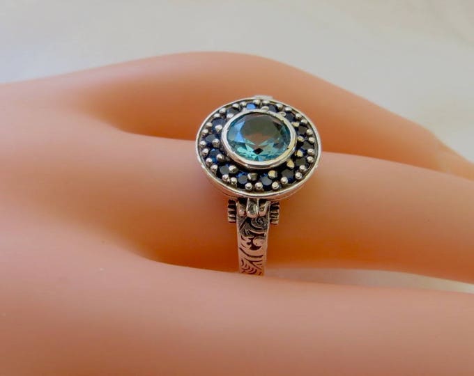 Vintage Aquamarine Poison Ring, Sterling Silver Filigree. Blue Sapphire Stones, Size 8