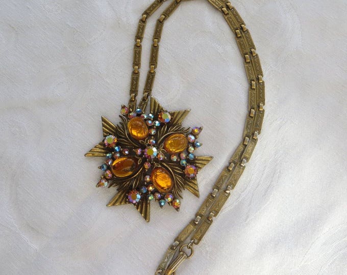 Florenza Maltese Cross Necklace, Amber Cabs Aurora Borealis Stones, Vintage Designer Signed, Heraldic Jewelry