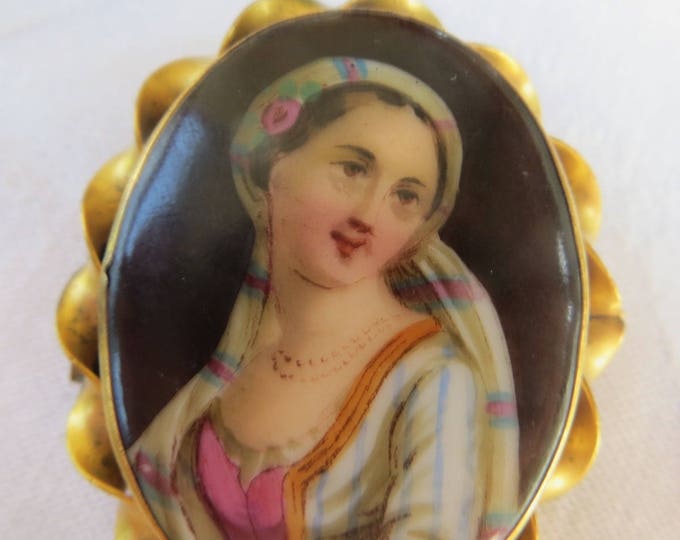 Antique Cameo Brooch, Hand Painted Portrait, Porcelain Cameo Pin, Antique Cameo Jewelry