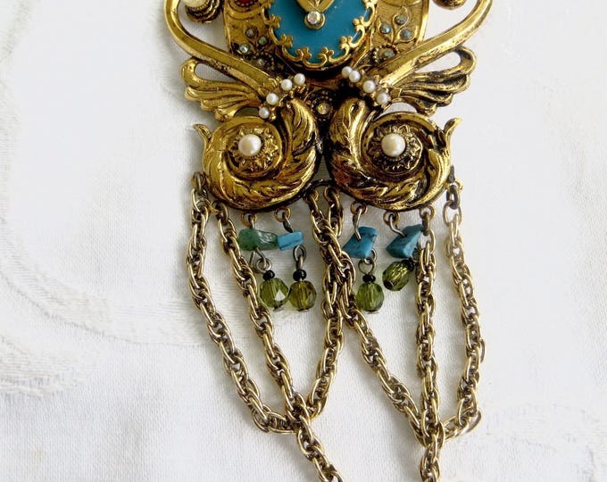 Vintage Heraldic Brooch, Jeweled Dangle Chain Pin, Large and Dramatic, 6" Brooch, Vintage Jewelry