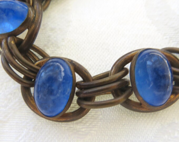 Czech Glass Bracelet, Vintage Cobalt Blue Cabochons, Vintage Link Bracelet, Czech Jewelry