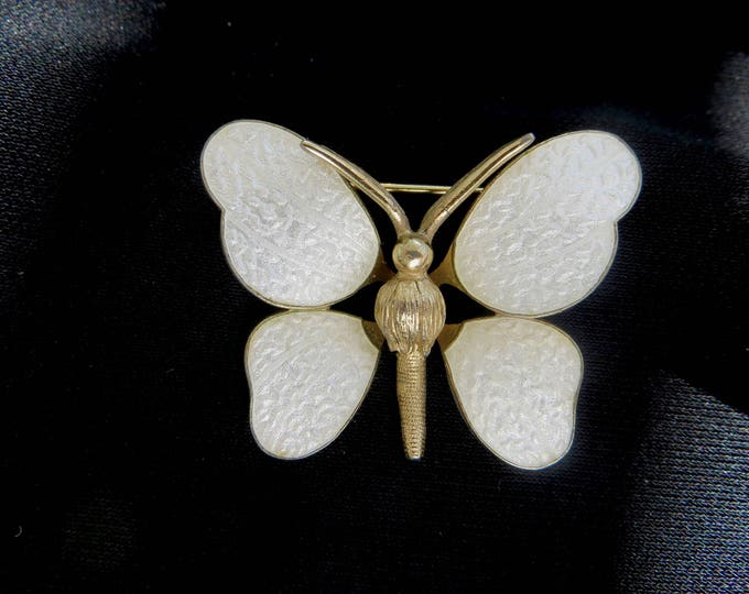 Enamel Butterfly Brooch, Pearl White Enamel, Bug Brooch, Insect Pin, Vintage Butterfly Pin, Butterfly Jewelry