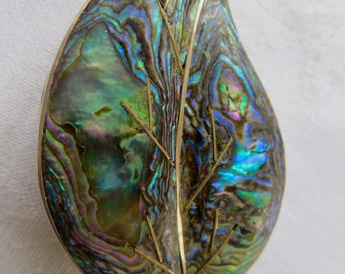 Vintage Abalone Leaf Brooch Taxco Mexico Sterling Silver Abalone Shell Inlay Sterling Leaf Pin