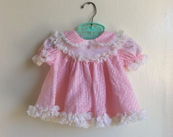 VTG Bryan Baby Girl Pink Swiss Dots Dress Sz 0-6M White Lace