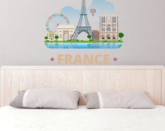 World Countries Attraction Wall Sticker Print / France, Andorra, Chile, Egypt, Benin, Antigua Home Decor Art Decal / Print on Demand Mural