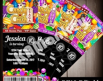 Candy Crush Movie Ticket Style Invitations, Birthday Party, DIY Fillable PDF