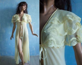 70s vintage pale yellow nylon house robe/ sleeveless frill cape collar long sexy peignor robe/S