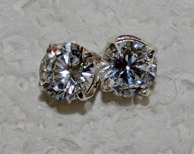 White Zircon Studs, Large 9mm Round, Natural, Set in Sterling Silver E1109