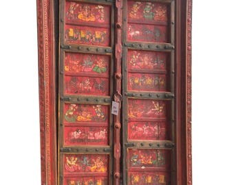 Antique Doors Red colorful hand painted Ganesha Temple Grounding Iron ARTISAN Door with frame CLEARANCE SALE