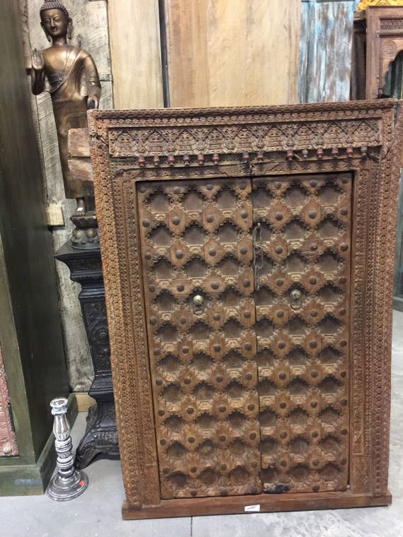 Antique Indian Floral Carved Window Frame Double Door Panels