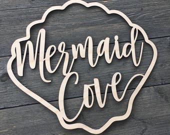 Mermaid Cove Wall Sign Cutout, 14"x12.75" inch size, Shell Wooden Sign, Nautical Beach Nursery Bedroom Kids Room Room Laser Cut Wood Sign