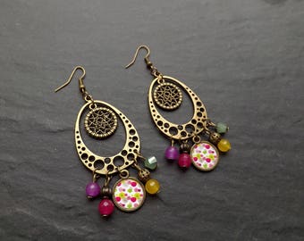 Earrings "meli melo" agate and Crystal, brass, colorful flowers