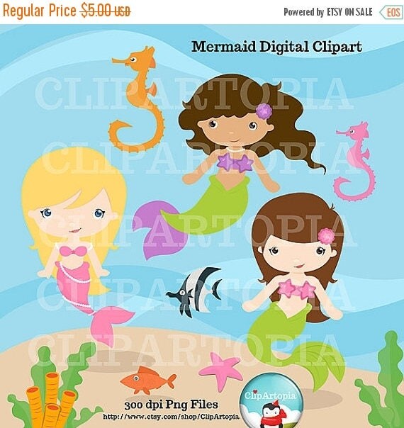 50% OFF SALE Cute Mermaid Digital clipart / Little Mermaid Digital Set for Personal and Commercial Use Il_570xn