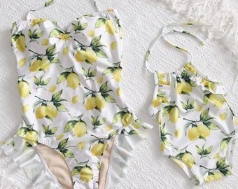 Mommy & Me matching swimsuits in Lemon Print in White (baby - toddler, girls)