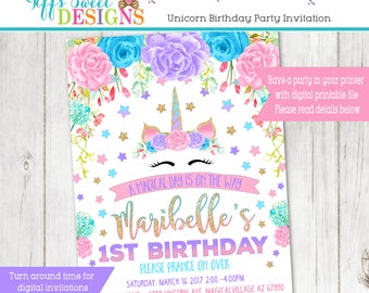 Unicorn Birthday Party Invitation - Floral Unicorn Invitation - Magical Unicorn Invite