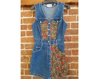 Vintage 90s Paris blues denim skort romper - leopard and roses
