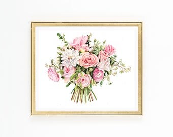 ORIGINAL Custom Bridal Bouquet Painting in Watercolor. Wedding anniversary gift. Botanical painting