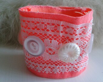 Handmade Recycled Fabric Neon Florescent Orange Cuff Bracelet, Bohemian Chic, festival Jewelry, Orange Fabric, Lace, Vintage Button Bracelet