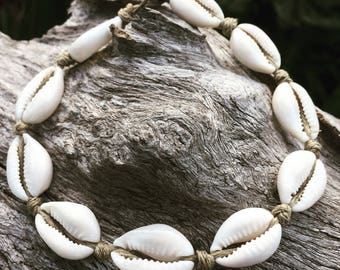 Hand Made Hemp Shell Anklet with Cowrie Shells, Sea Gypsy Bohemian