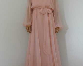 SALE Miss Elliette 1960s Blush Pink Old Hollywood Gown California Glam Chiffon with Embroidered Lace/L