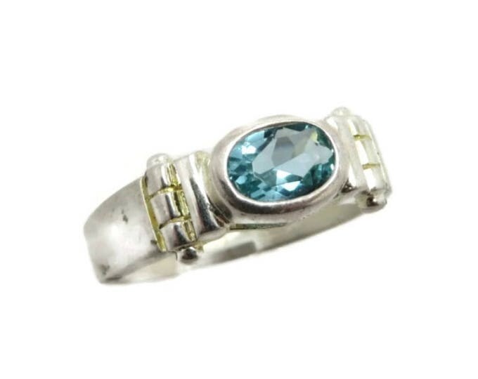 Blue Topaz Silver Ring - Vintage Antique Finish Sterling Silver Ring, Size 8, Gift for Her, Gift Box