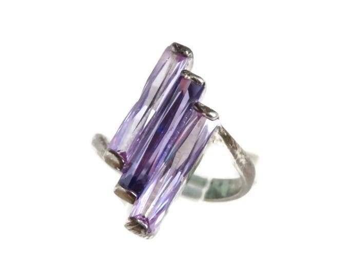 Sterling Silver - Amethyst Glass Ring, Vintage Sterling Silver Ring, Panel Ring, Three Stone Statement Ring, Size 8.5