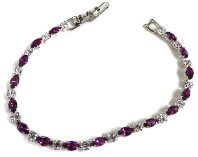 Purple Tennis Bracelet, Vintage Rhinestone Bracelet, Faux Amethyst Bracelet, Two Tone Link Bracelet, Silvertone Bracelet