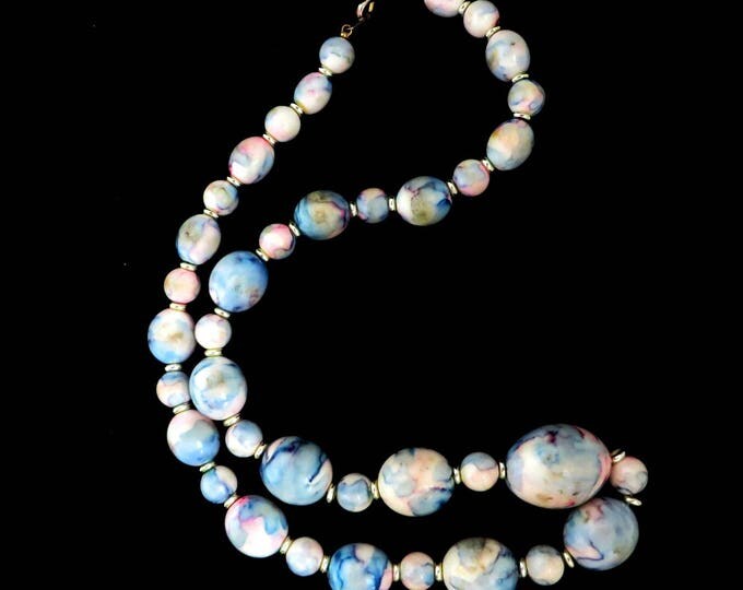Vintage Blue Beaded Necklace - Blue and Pink Abstract Design Graduated Bead Necklace, Gift for Her