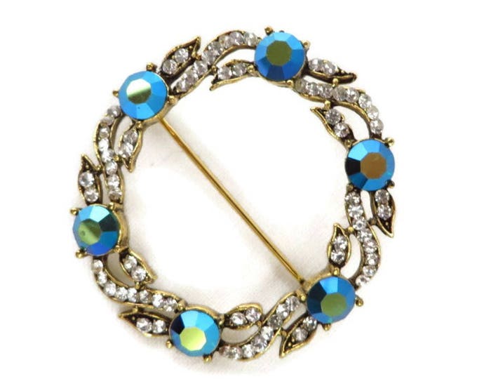 Vintage AB Rhinestone Circle Brooch, Signed Weiss Crystal Rhinestone Silver Tone Pin, Gift for Her