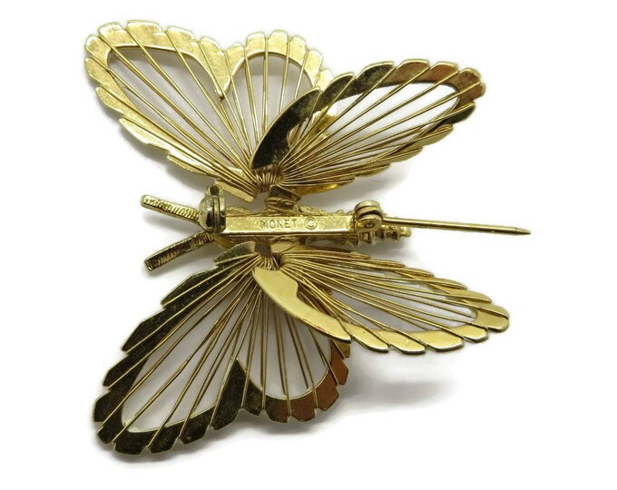 Vintage Cream Butterfly Brooch - Monet Cream Enamel Pin, Gold Tone 1960s, Insect Pin, Gift Box