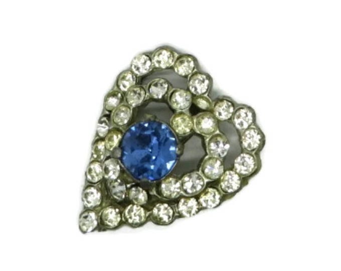 Rhinestone Heart Brooch, Vintage Blue, White Love Heart Pin, 1950s Jewelry Gift Idea