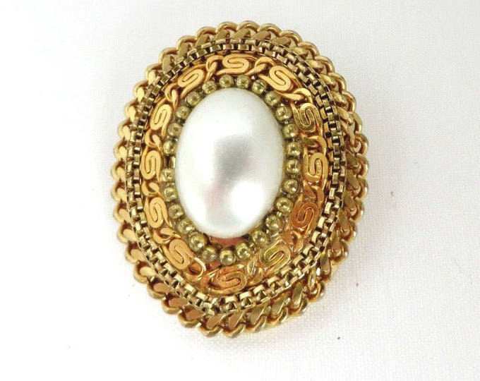 Faux Pearl Scarf Clip, Vintage Braided Gold Tone Oval Clip, Gift for Her