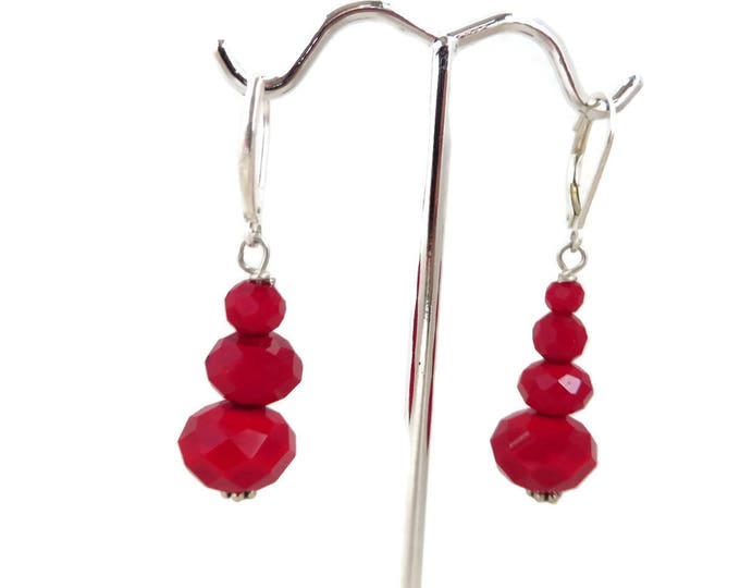 Red Bead Leverback Earrings, Vintage Faceted Holiday Pierced Earrings, Dangling Ornament Earrings