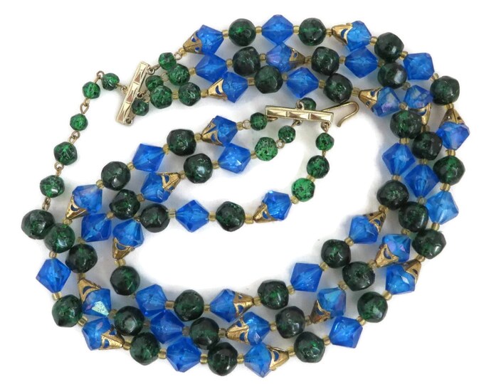 West Germany Necklace | Vintage Blue Beaded Necklace | Triple Strand Necklace | Blue, Green Beaded Choker