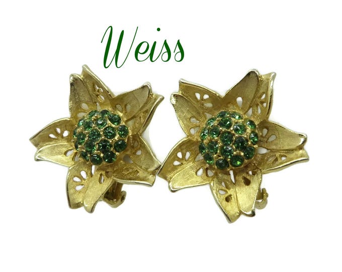 Vintage Weiss Earrings - Green Rhinestone Gold Tone Flower Clip-on Earrings, Mid Century Designer Signed Jewelry, Gift idea, Gift Boxed