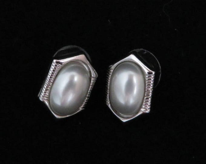 Trifari Faux Pearl Earrings, Vintage Silver Tone Pierced Stud Earrings, Signed Designer Jewelry