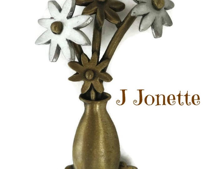 JJ Flowers Brooch, Vintage Silvertone Goldtone Floral Bouquet Pin, Signed Designer Brooch Gift for Her