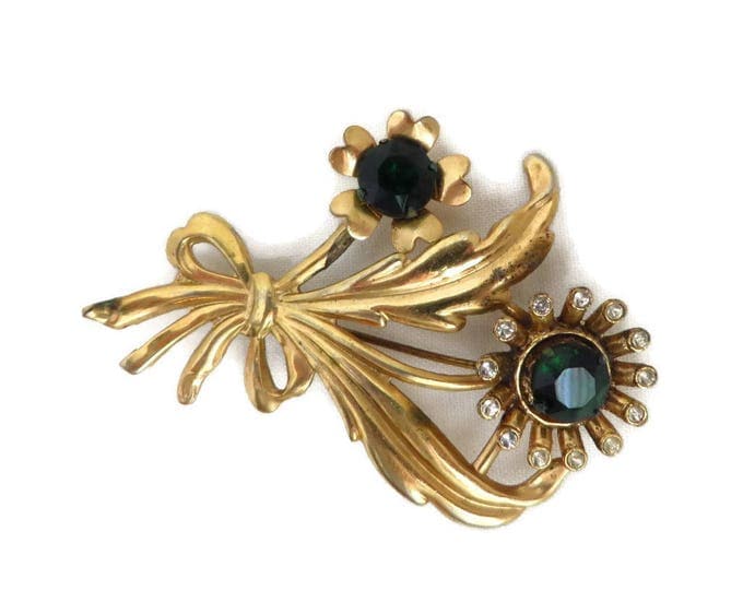 Rhinestone Bouquet Brooch - Vintage Green White Rhinestone Gold Tone Floral Pin, Gift for Her, Gift Boxed