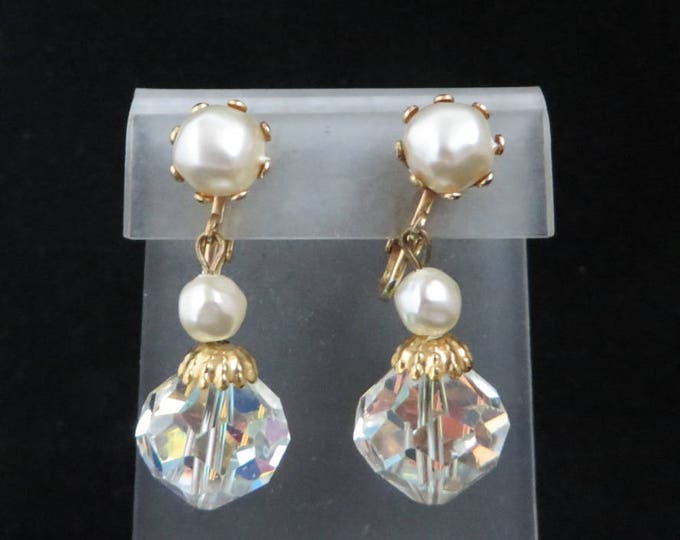 Pearl & Crystal Earrings - Vintage Gold Tone Dangling Crystal Clip-on Earrings, Bridal Jewelry, Gift for Her