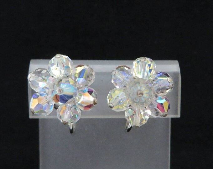 Vintage Crystal Flower Earrings | Silver Tone Cluster Clip-on Earrings