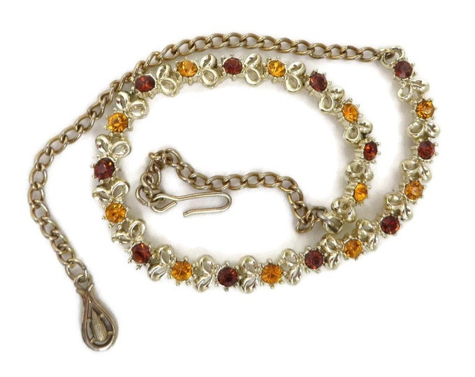 Vintage Orange Brown Rhinestone Necklace, Gold Tone Linked Choker